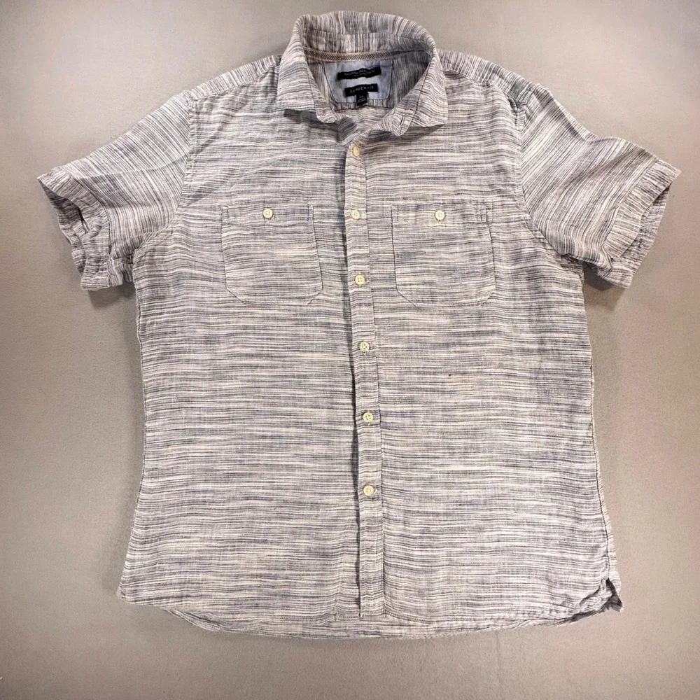 Banana Republic Camden Fit Mens Medium Blue White 100% Linen Short Sleeve Shirt